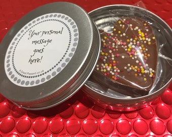 Personalised Belgian chocolate heart in presentation tin