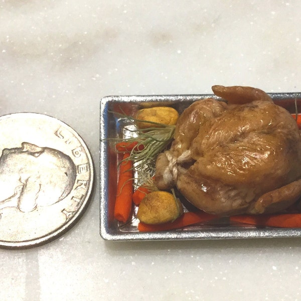 Scale 1:12 Dollhouse Turkey w/Potatoes, Carrots, and Herbs in Metal Cooking Pan