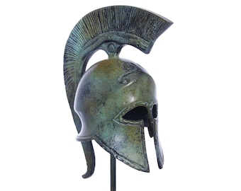 Bronze Spartan Helmet With Engraved Snake On Crest, Ancient Greek Bronze Helmet Statue Sculpture On Marble Base, Leonidas Helmet,18cm-7.09''