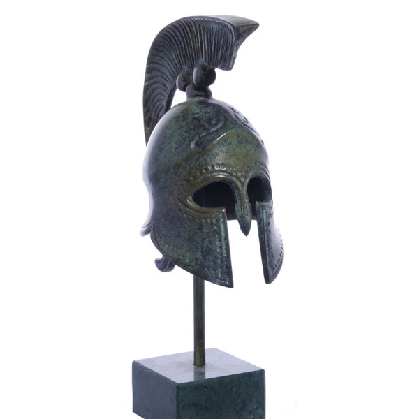 Casque de bronze grec ancien Staue sur la base de marbre, sculpture spartiate faite à la main, casque de Leonidas, 300 Spartan,14cm - 5.51'', décor grec antique