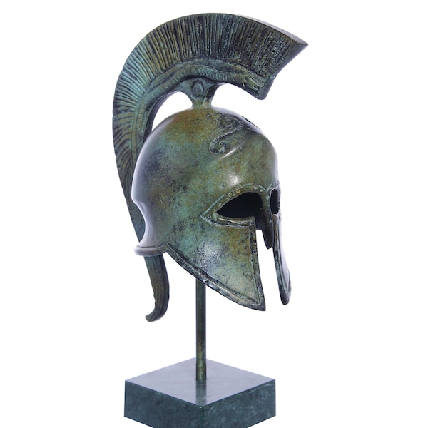 Casque de spartiate en bronze avec serpent gravé sur le cimier, sculpture grecque antique de casque en bronze sur socle en marbre, casque de Leonidas, 18 cm-7,09 po.