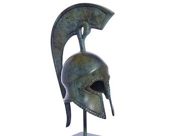 Ancient Greek Bronze Helmet Staue On Marble Base, Handmade Spartan Sculpture, Leonidas Helmet, 300 Spartan,22cm - 8.66'',Ancient Greek Decor