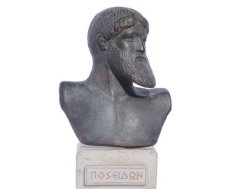 Poseidon Bust Head Statue, Neptune, Ancient Greek Roman God of Sea, Handmade Green Plaster Sculpture, Museum Replica, 17cm - 6.69''