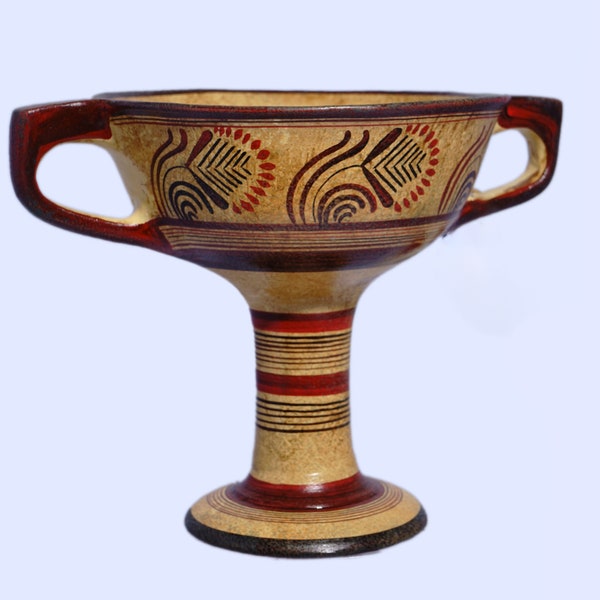 Greek Minoan Kylix With Geometric & Leafy Decoration, Minoan Vessel, Handmade Greek Pottery, Museum Replica, Greek Ceramic Vase, 13cm-5.12in