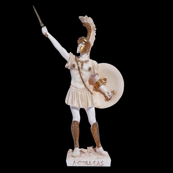 Achilles-Statue mit seinem Schwert und Schild, der große griechische Krieger des trojanischen Krieges, handgemachte Alabaster-Skulptur im Goldton, 24 cm - 9,45 ''