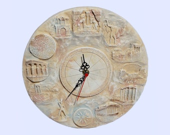 Antike griechische Relief Wanduhr mit berühmten archäologischen Stätten und griechischen Sehenswürdigkeiten, handgemachter Gips, antikes griechisches Dekor, 26 cm - 10,24''