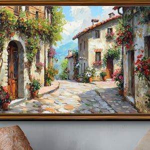 European Street Oil Painting, Romantic Italian Architecture Canvas Art, Old Town Alley Wall Decor, Tuscany Village Painting, Gift Traveller