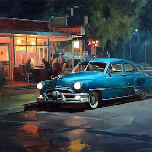 May include: An oil painting shows a classic teal car parked on a wet street at night. The car is positioned in front of a diner with people inside. The scene is lit by streetlights and the diner's warm interior light.