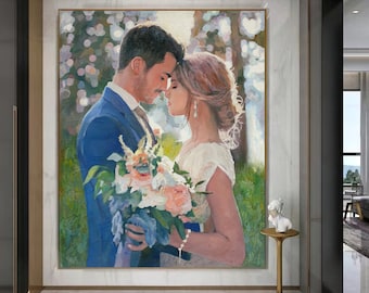 Aangepaste bruiloft olieverfschilderij op canvas van foto gepersonaliseerde bruidspaar portret jubileumcadeau