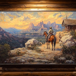 Western Landschaft Ölgemälde, Ölgemälde nach Foto, Wilder Westen Cowboy Wandkunst, rustikale indische Szene, spirituelle Wanddekoration