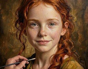 Custom Oil Painting from Photo, Ginger Girl Portrait, Green Eyes and Freckles Artwork, Hand Painted Redhead Girl Portrait