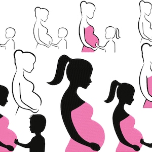 Pode incluir: Um conjunto de nove desenhos de linha preto e branco e silhuetas de mulheres grávidas com crianças. Algumas das mulheres usam vestidos cor-de-rosa. As crianças estão de mãos dadas com as mulheres grávidas.