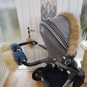 Baby Pram Space Blue Hand Mittens Winter Kit With Light Gold Fur Warmers Stroller Muff Gloves Pram Furs
