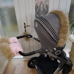 Baby Pram Baby rosa Hand Handschuhe Winter Kit mit leichten Gold Pelzwärmer Kinderwagen Muff Handschuhe Pram Pelze