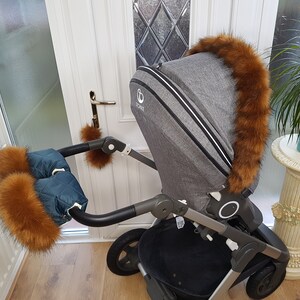 Baby Pram Space Blue Hand Mittens Winter Kit With Brown Fur Warmers Stroller Muff Gloves Pram Furs