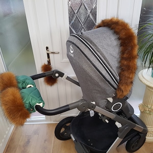 Baby Pram Forest Green Hand Mittens Winter Kit With Brown Fur Warmers Stroller Muff Gloves Pram Furs