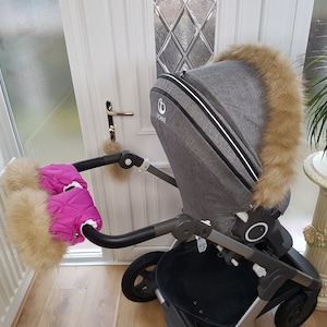 Baby Pram rosa Hand Handschuhe Winter Kit mit leichten Gold Pelzwärmer Kinderwagen Muff Handschuhe Pram Pelze