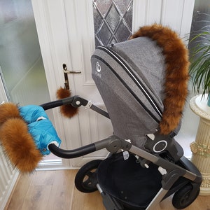 Baby Pram Sky Blue Hand Mittens Winter Kit With Brown Fur Warmers Stroller Muff Gloves Pram Furs