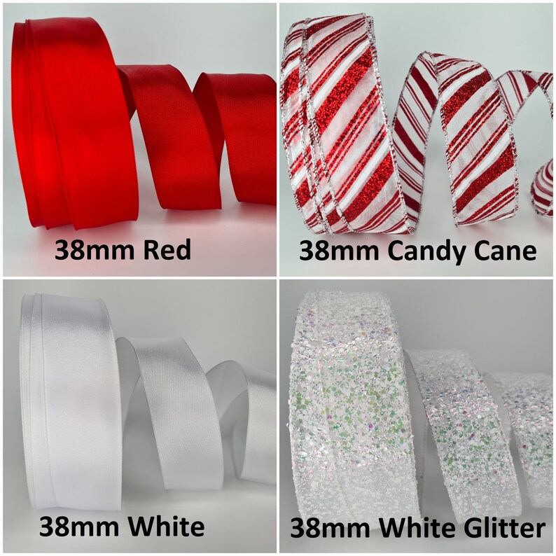 Op de afbeelding: Vier rollen lint in verschillende kleuren en patronen. De linten zijn 38 mm breed. De linten zijn rood, wit, candy cane en wit met glitter.