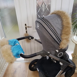 Baby Pram Sky Blue Hand Mittens Winter Kit With Light Gold Fur Warmers Stroller Muff Gloves Pram Furs