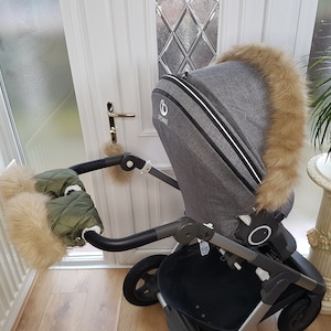 Baby Pram Olive Hand Mittens Winter Kit With Light Gold Fur Warmers Stroller Muff Gloves Pram Furs