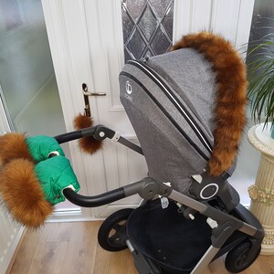 Baby Pram Green Hand Mittens Kit de invierno con calentadores de piel marrón Guantes de cochecito Guantes de cochecito Pieles de cochecito