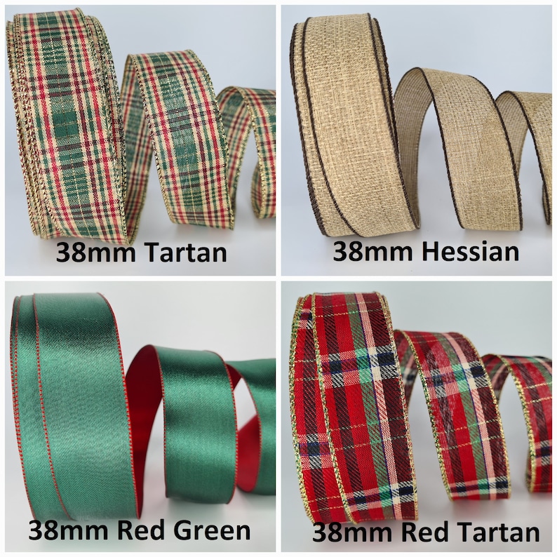 Op de afbeelding: Vier verschillende soorten lint, elk 38 mm breed. De linten zijn: tartan, hessian, rood groen en rood tartan.