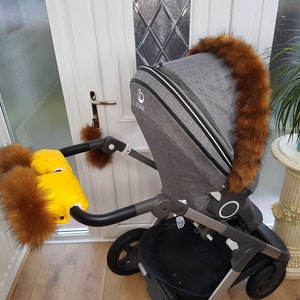 Baby Pram Yellow Hand Mittens Winter Kit With Brown Fur Warmers Stroller Muff Gloves Pram Furs