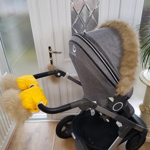 Baby Pram Yellow Hand Mittens Winter Kit With Light Gold Fur Warmers Stroller Muff Gloves Pram Furs