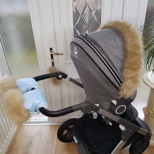 Baby Blue Pram Hand Mittens Winter Kit With Light Gold Fur Warmers Stroller Muff Gloves Pram Furs