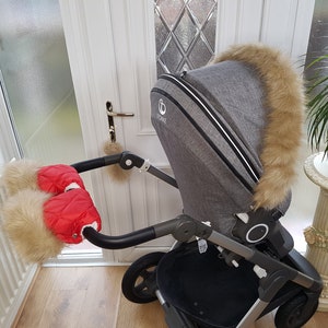 Baby Pram Red Hand Mittens Winter Kit With Light Gold Fur Warmers Stroller Muff Gloves Pram Furs