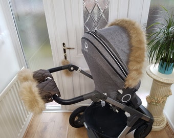 Baby Pram Brown Hand Mittens Winter Kit With Light Gold Fur Warmers Stroller Muff Gloves Pram Furs