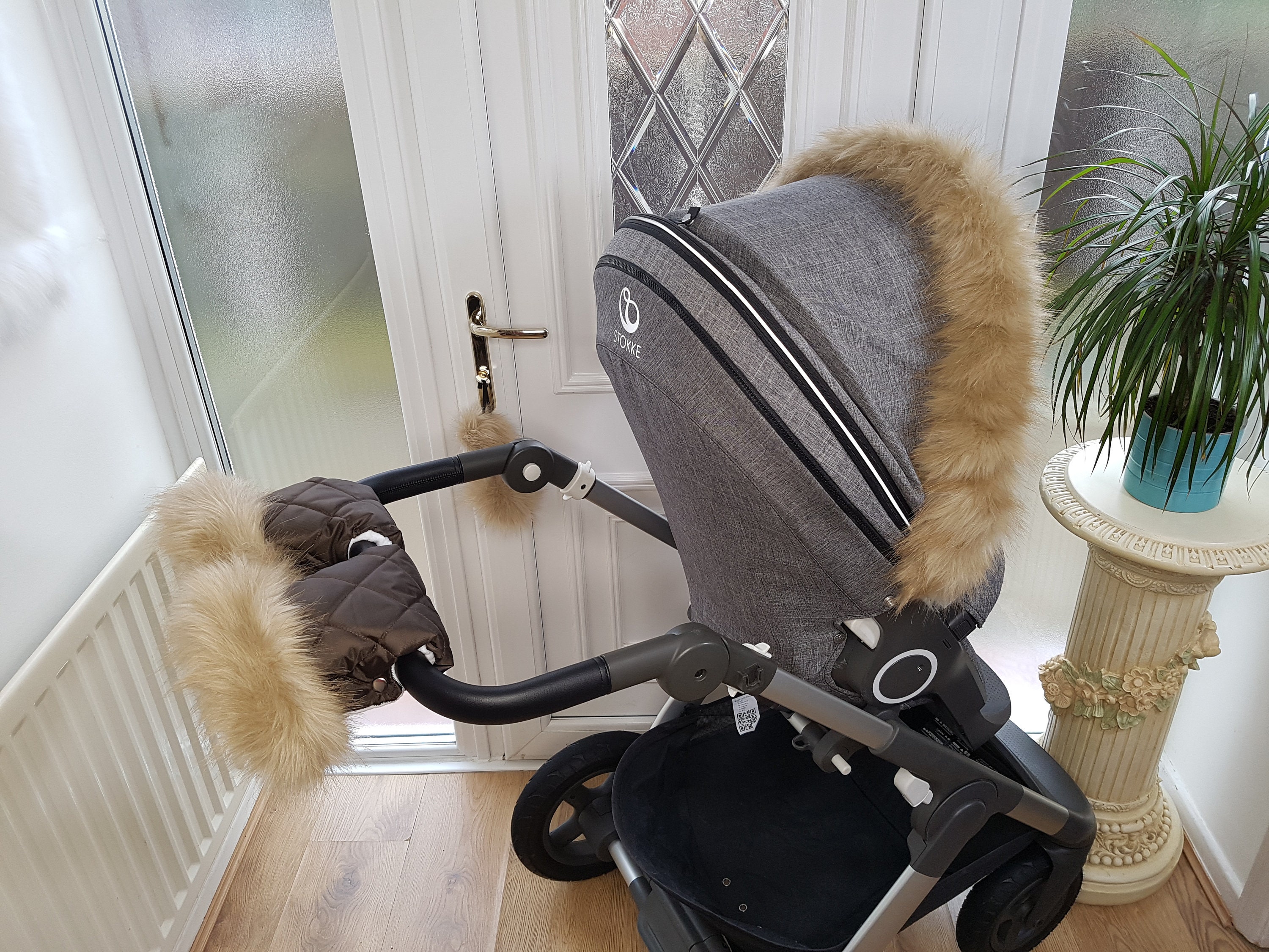 Baby Pram Brown Hand Mittens Winter Kit With Light Gold Fur Warmers Stroller Muff Gloves Pram Furs