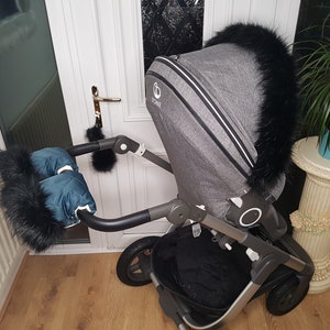 Baby Pram Space Blue Hand Mittens Winter Kit With Black Fur Warmers Stroller Muff Gloves Pram Furs