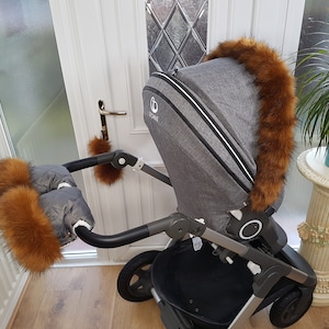 Baby Pram Grey Hand Mittens Winter Kit With Brown Fur Warmers Stroller Muff Gloves Pram Furs