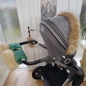 Baby Pram Forest Green Hand Mittens Winter Kit With Light Gold Fur Warmers Stroller Muff Gloves Pram Furs