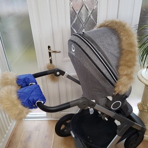 Baby Pram Blue Hand Mittens Winter Kit With Light Gold Fur Warmers Stroller Muff Gloves Pram Furs