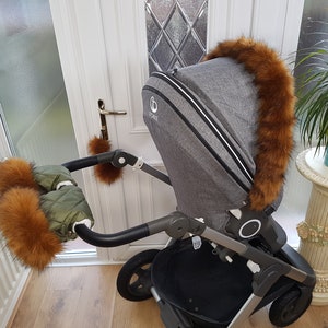Baby Pram Olive Hand Mittens Winter Kit With Brown Fur Warmers Stroller Muff Gloves Pram Furs