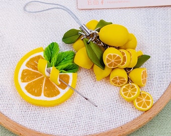 Lemon slice magnetic needle minder Polymer clay needleminder for cross stitch embroidery tools Beaded scissor fob Scissor minder