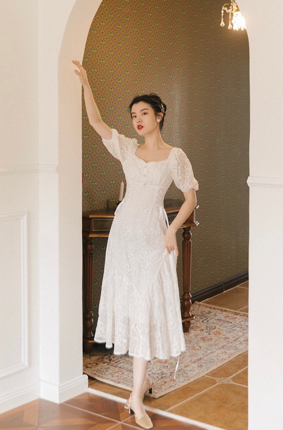 White Cottage Core Dress- Summer Wedding Guest Dress