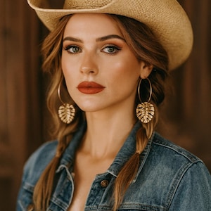 Gold Plated Monstera Leaf Hoop Earrings, Tropical Statement Jewelry