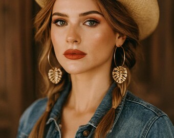 Gold Plated Monstera Leaf Hoop Earrings, Tropical Statement Jewelry