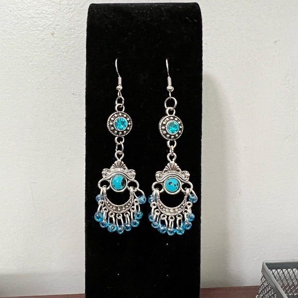 Elegant Blue chandelier earrings, Ornate chandelier earrings, blue earrings, blue turquoise luster beads earrings,