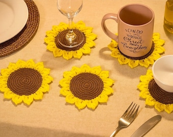Crochet Sunflower Coaster, Handmade Spring Home Decor