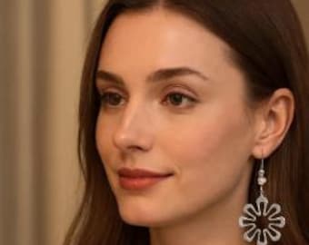 Shiny Silver Daisy Pendant earrings; flower hook earrings