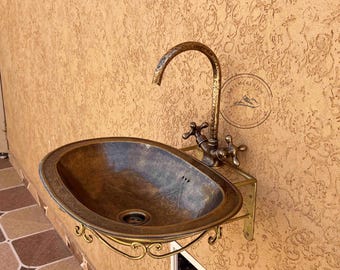 19" Oval Brass Bathroom Sink – Moroccan Hammered Brass Vessel Basin, Rustic Vanity Bowl