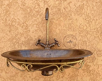 19" Bronze Bathroom Sink – Oval Hammered brass Vanity Bowl, Rustic Moroccan Basin