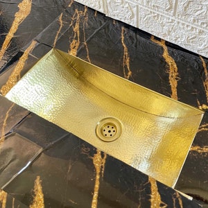 Brass Trough Sink, Unlacquered Brass Bath Sink, Bar Sink with Drain, Handmade Brass Basin, Durable Metal Sink, Modern Bathroom Sink
