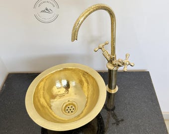 Unlacquered Brass Round Sink, Hammered Drop-In or Undermount Bar Sink with Drain, Handcrafted Solid Brass Bathroom or Kitchen Sink