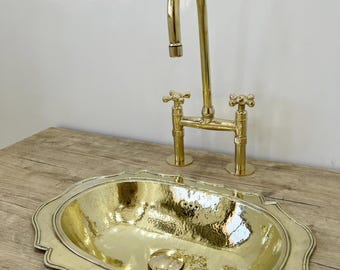 Antique-Style Unlacquered Brass Bridge Faucet for Kitchen – Ball Center Design with Lever Handles, Cold Tap, Handmade Vintage Brass Sink Tap